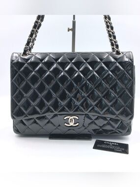 CHANEL Black Quilted Patent Leather Double Flap Bag Shoulder Bag with Silver
